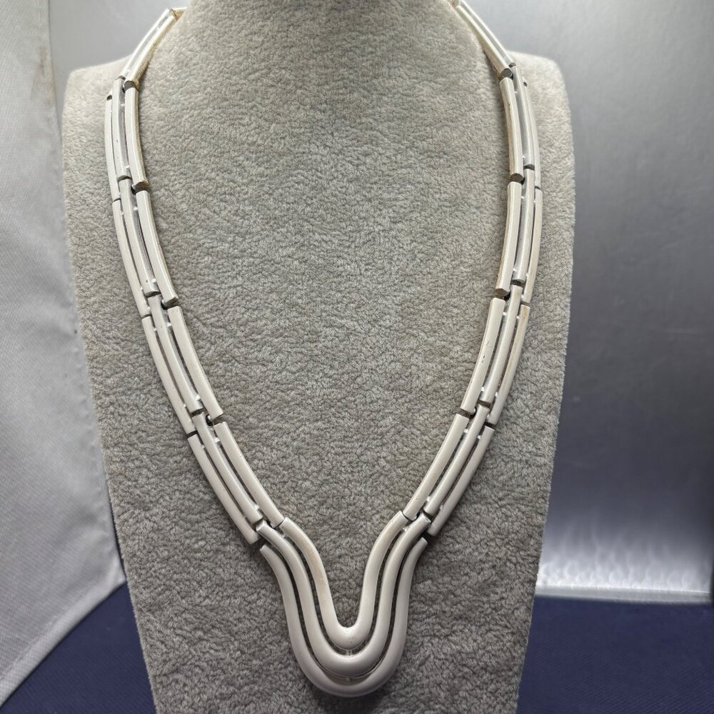 Stunning Vintage Crown Trifari Necklace White Enamel Triple Strand Open Tracks